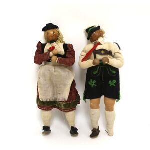 Antique Dolls Set, German, wood face, Couple, Traditional Clothing, Wooden, 9",